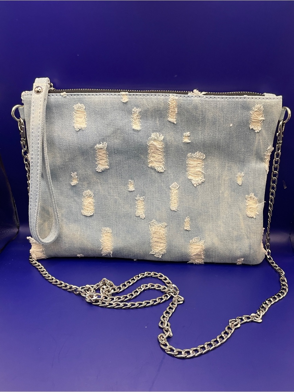 Distressed Light Blue Denim Crossbody Clutch with Chain Strap
